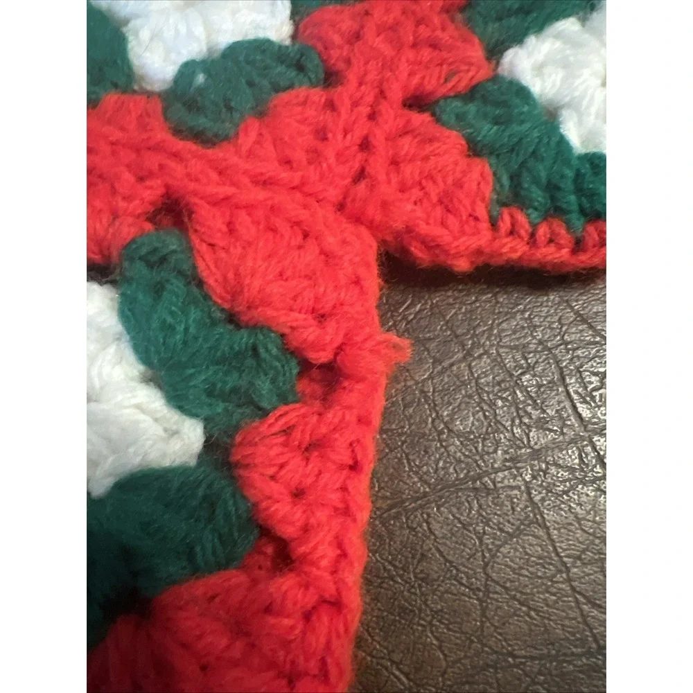 Granny Square Xmas Stocking Red Green White Handmade Crocheted Crochet Hand Vtg